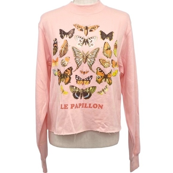 Public Library Le Papillon Butterfly Fleece Sweatshirt Raw Hem Cut Off Sz S - Picture 1 of 9